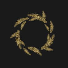 Round Wreath With Golden Fir Tree Or Spruce Twigs On Black. Winter Holiday Garland.