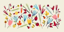 Set, Collection With Fir Branches, Berries, Flowers, Toys And Candy. Stylish Print, Card.  Individual Elements. Vector