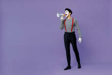 Full Size Body Length Young Mime Man With White Face Mask Wears Striped Shirt Beret Hold Scream In Megaphone Announces Discounts Sale Isolated On Plain Pastel Light Violet Background Studio Portrait.
