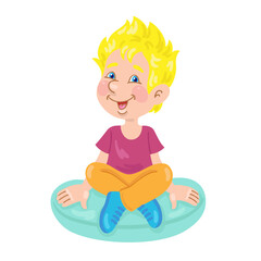 Poster - Funny little boy sits on a pillow with crossed legs. In cartoon style. Isolated on white background. Vector illustration.