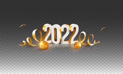 Sticker - 3D 2022 Number With Golden Curl Ribbons And Shiny Baubles On Black Png Background.