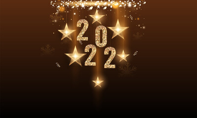 Sticker - Golden Glitter Effect 2022 Number With Star String Lights, Snowflakes And Bokeh Light Effect On Brown Background For Happy New Year Concept.