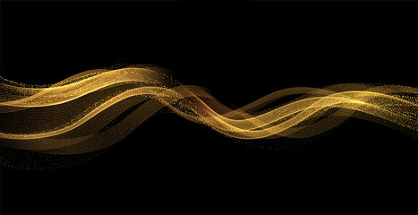 Poster - Abstract Gold Waves. Shiny golden moving lines design element with glitter effect on dark background for greeting card and disqount voucher.