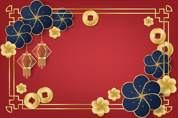 Wall Mural - Chinese New Year festival banner design with flowers, lamps and Chinese coins on red background for your copy space.