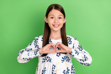 Wall Mural - Photo of positive lovely schoolchild make heart hand form mother day showing feelings isolated over green color background