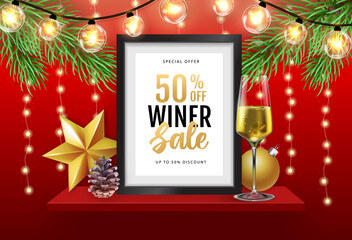 Wall Mural - Winter sale poster with christmas holiday decorations. Chrisrmas background with string of lights. 3D interior design with black frame on red walll shelf.