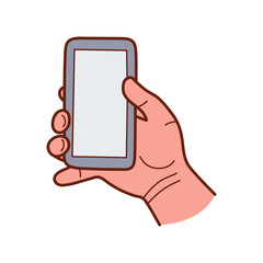 Poster - hand holding a phone. сolor vector in hand drawn style.