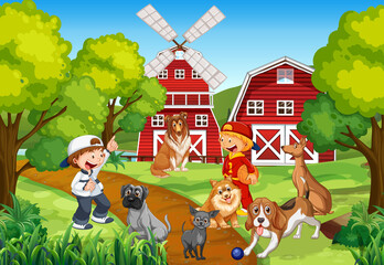 Poster - Farm scene with children playing with dogs