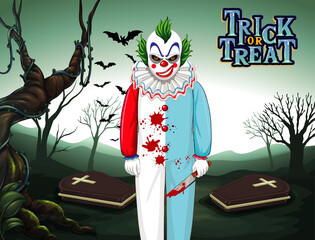 Poster - Killer clown on dark cemetery forest background