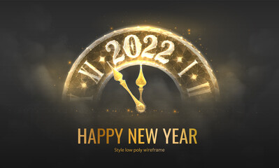 New year 2022 clock in futuristic polygonal style. Christmas background concept for greeting cards or invitations. Vector illustration for winter holidays