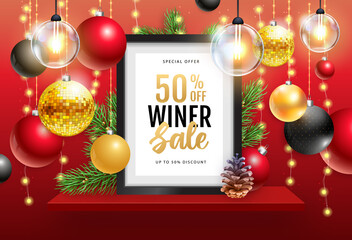 Wall Mural - Winter sale poster with christmas holiday decorations. Chrisrmas background with string of lights. 3D interior design with black frame on red walll shelf.