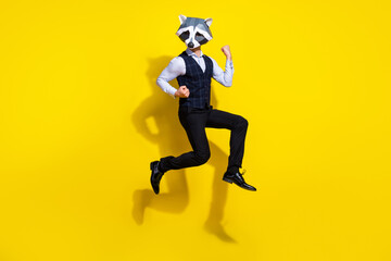 Sticker - Full length photo of bizarre freak anthropomorphic racoon guy jump win lottery raise fists up isolated over yellow color background