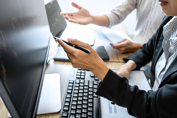 Aufkleber - Business team investment working with computer, planning and analyzing graph stock market trading with stock chart data, business financial investment planning concept