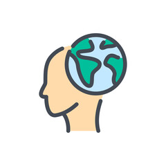 Poster - human head with planet earth color line icon. international language and earth population vector out