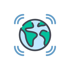 Poster - planet earth with signal waves color line icon. signals to satellite vector outline colorful sign.