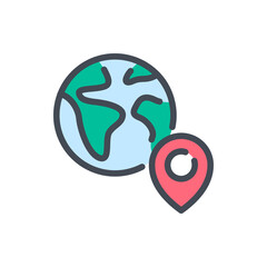 Fototapete - Planet Earth with pin color line icon. Global location with place pointer vector outline colorful sign.