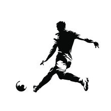 Soccer Player Kicking Ball, Abstract Isolated Vector Silhouette, Footballer Logo, Ink Drawing, Rear View