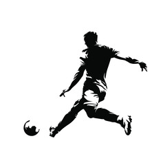 Wall Mural - Soccer player kicking ball, abstract isolated vector silhouette, footballer logo, ink drawing, rear view