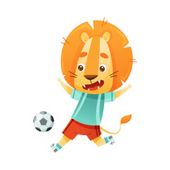 Wall Mural - Lion wild African animal playing soccer. Cute football mascot in sports uniform cartoon vector illustration