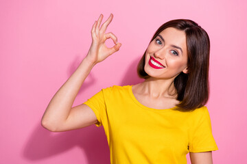 Wall Mural - portrait of attractive cheerful girl wear yellow tshirt showing ok-sign ad perfect isolated over pin