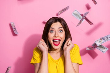 Poster - Photo of brunette hooray millennial lady yell wear yellow t-shirt isolated on pastel pink color background