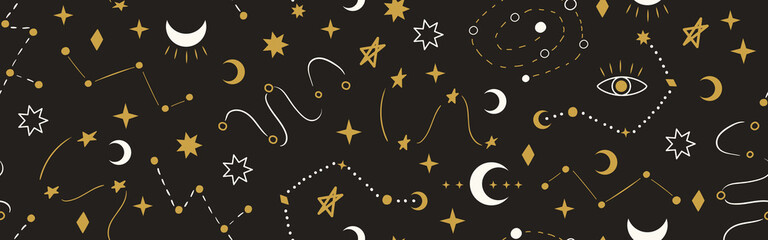 Wall Mural - Seamless space banner with celestial symbols of stars, moon, constellation. Vector cosmic background with doodle elements. Hand drawn mystical universe pattern