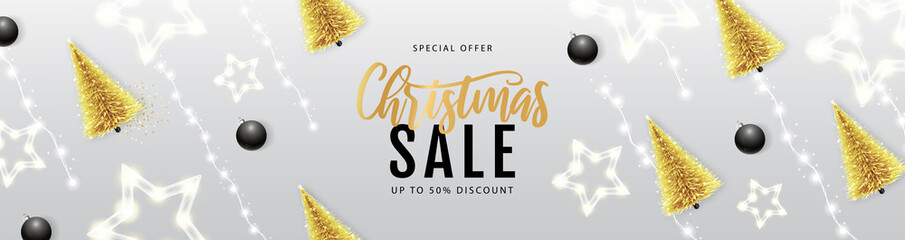 Wall Mural - Christmas big sale poster with christmas tree and string of lights. Christmas holiday background. Vector illustration