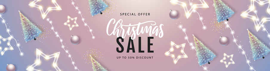 Wall Mural - Christmas big sale poster with christmas tree and string of lights. Christmas holiday background. Vector illustration