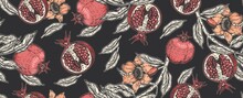 Pomegranate Fruits And Flowers On A Black Background. Floristics. Vintage Graphics.