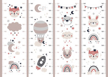 Vector Set Of Kids Height Charts With Boho Elements In Terracotta Colors With Fox, Bear, Deer, Hare, Rainbow, Cloud, Moon, Rocket. Meter Wall With Trendy Flat Art Design. Children Growth Chart