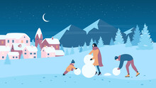 Family People Play Fun Game And Make Snowman At Christmas Night Landscape Vector Illustration. Cartoon Kid And Parent Enjoy Cold Wonderland Of Mountain Village Resort, Xmas Vacation Background