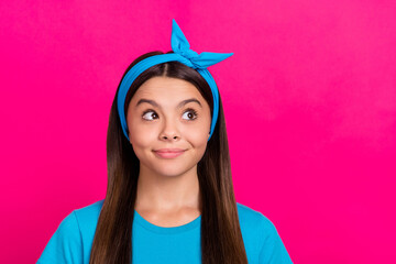 Sticker - Portrait of attractive curious cheerful long-haired girl thinking copy space isolated over bright pink magenta color background