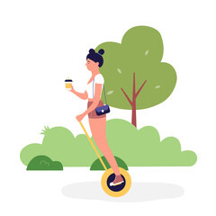 Girl on two wheel self balancing smart scooter. Last generation personal transportation hoverboard flat vector illustration