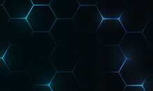 Black Hexagon Gaming Tech Abstract Vector Background With Blue Colored Bright Energy Flashes. Vector Illustration.