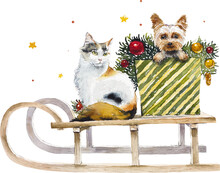Dog And Cat. New Year Card. Hand Drawn Watercolor Illustration