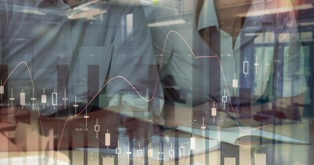 Poster - Animation of financial data processing over business people in meeting