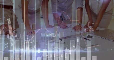 Poster - Animation of statistics and financial data processing over business people in meeting