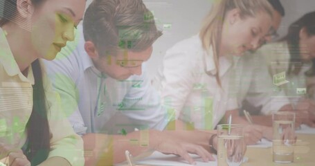 Poster - Animation of statistics and financial data processing over business people in meeting