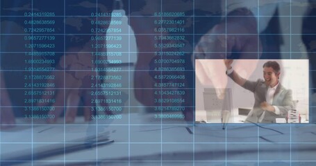 Poster - animation of statistics and financial data processing over smiling businessman in meeting