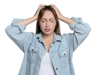 Wall Mural - Young woman suffering from headache on white background