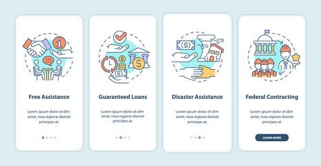 Government programs for business onboarding mobile app page screen. Startup walkthrough 4 steps graphic instructions with concepts. UI, UX, GUI vector template with linear color illustrations