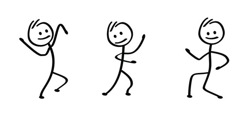 Sticker - Dancing happy smile stickman. Funny comic dancer or walk stick figure man or woman. Vector people, dancers icon or pictogram. Drawing cartoon person  jump, run, walking and dancing on music.