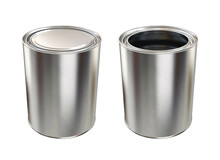 Open And Closed Cans Of Paint Black On White Background, 3d Render