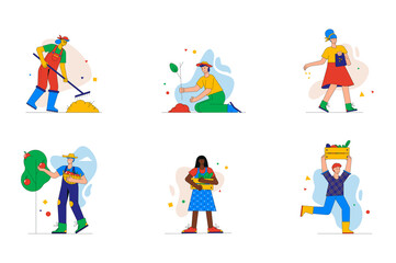 Fototapete - garden work set of mini concept or icons. people working rake, plant seedlings and sow seeds, harves