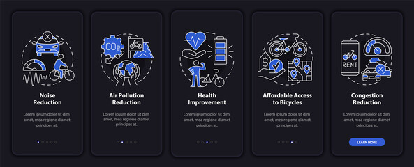 Bike-share program impact onboarding mobile app page screen. Improve health walkthrough 5 steps graphic instructions with concepts. UI, UX, GUI vector template with linear night mode illustrations