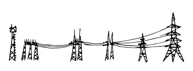 Hand drawn simple vector black outline drawing. Metal poles with electric wires, power grid, station. Connection, electrification. Ink sketch.