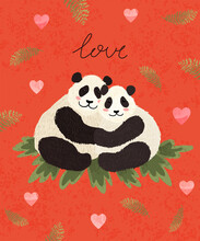 Vector Colorful Valentines Day Greeting Card With Cute Illustration Of Panda Couple In Love. Flyers, Invitation, Poster, Brochure, Banner
