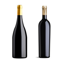 Two Wine Bottle Design. Black Glass Red Pinot Noir Or Burgundy Wine Blank, Isolated Vector Mockup. Vintage Frenchbeverage Like Bordeaux, Elegant Mesh Illustration, Shampagne, Cabernet