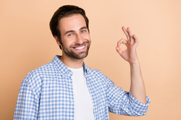 Wall Mural - Photo of crazy young guy show okey wear plaid shirt isolated on beige color background
