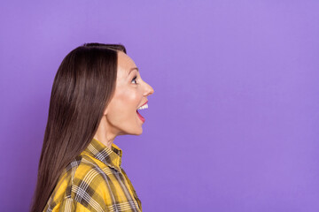 Sticker - Profile photo of impressed mature lady look promo wear plaid shirt isolated on purple color background